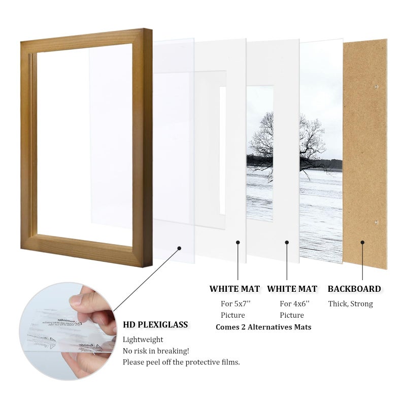 Egofine 8x10 Picture Frame Made of Solid Wood with Plexiglass, Display Pictures 4x6/5x7 with Mat or 8x10 without Mat, for Table Top and Wall Mounting Photo Frame, Light Brown - Image 4